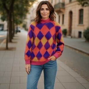 Vintage Rolled Neck Sweater Women M Mohair Blend Whimsical Diamond Oversized Y2K